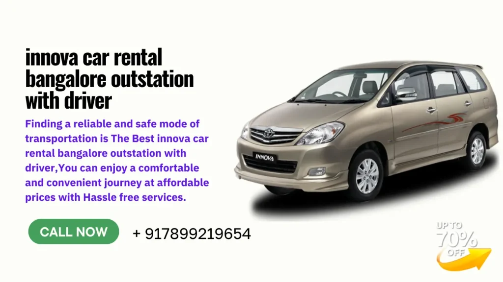 Spacious Innova car cruising on a scenic highway near Bangalore, perfect for outstation trips with family or friends. A driver navigates the route, ensuring a relaxing and enjoyable journey.
